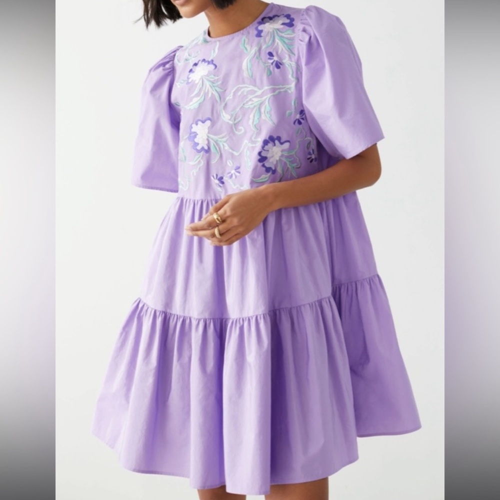 & Other Stories Purple Tiered Puff Sleeve Midi Dress Women’s 12 - Picture 2 of 14